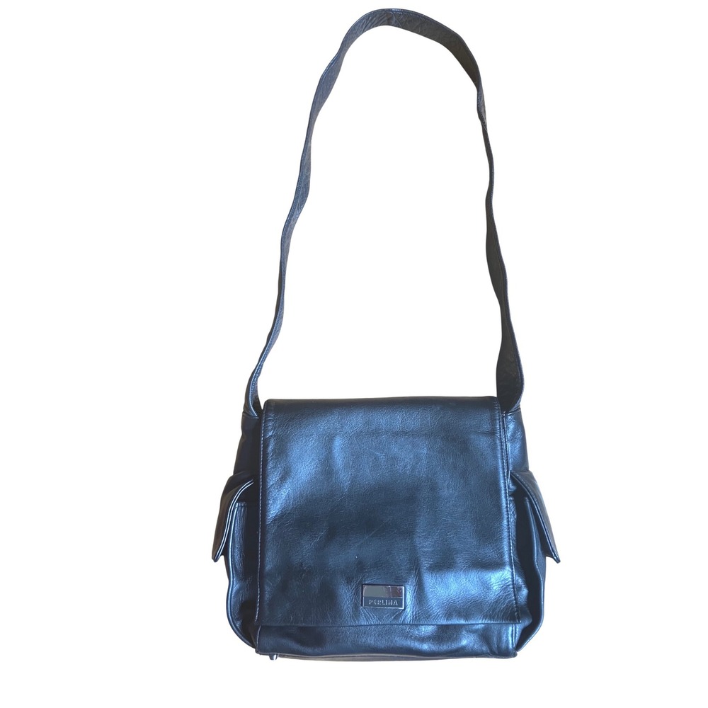 Perlina‎ Black Leather Messenger Crossbody Bag Flap Multi Pocket Silver Hardware